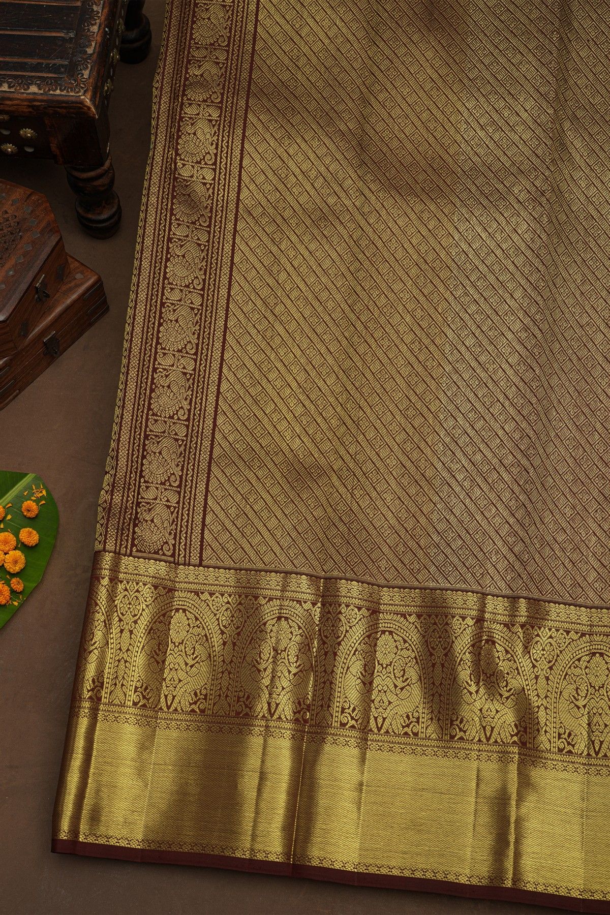 Kancheepuram Pure Silk Sky Blue Saree With Florals and Leaves Border