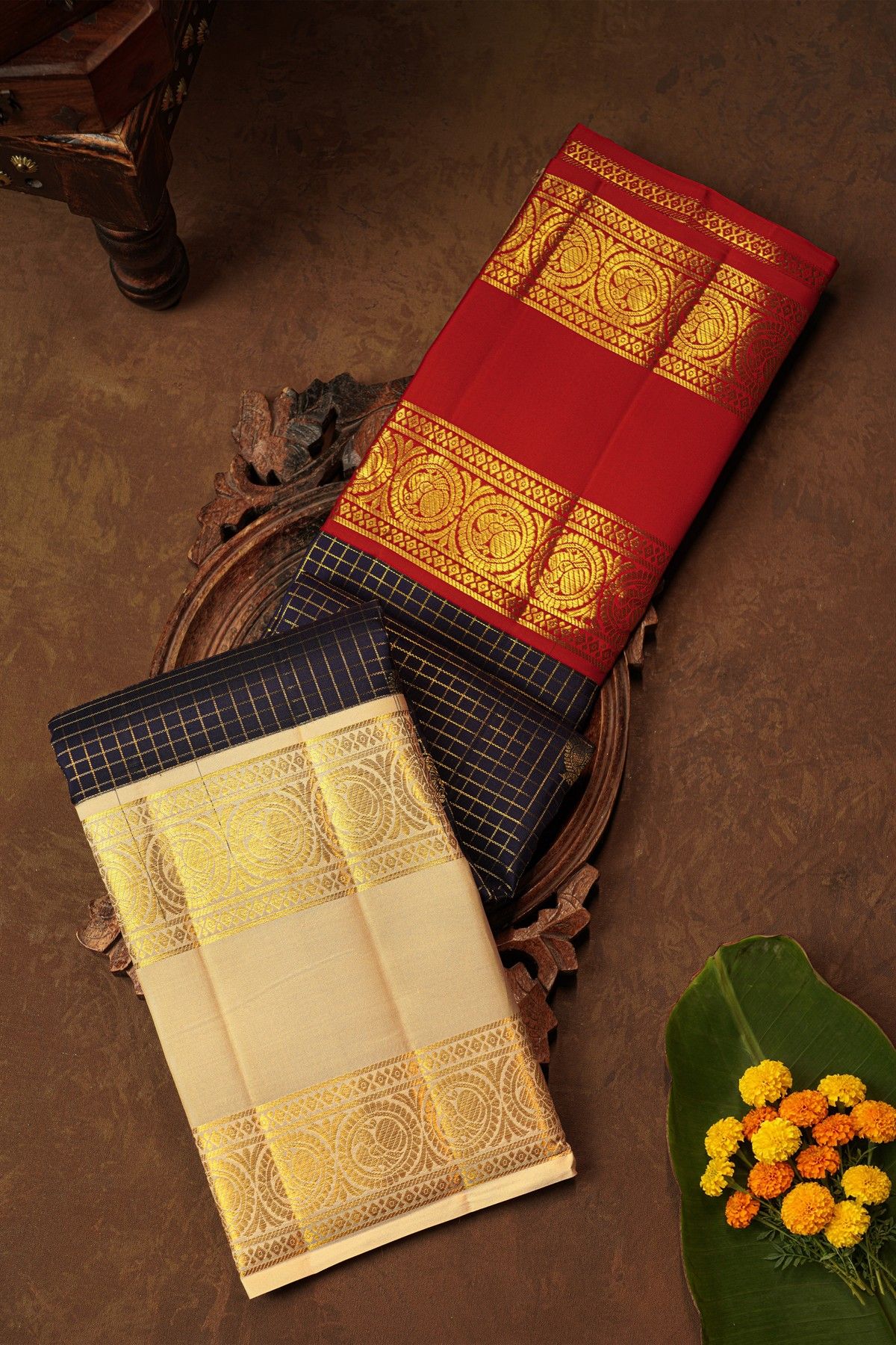 Kancheepuram Pure Silk Royal Blue Saree With Florals And Ganga Jamuna Border