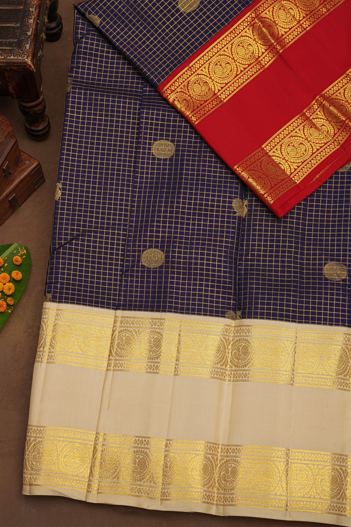 Kancheepuram Pure Silk Royal Blue Saree With Florals And Ganga Jamuna Border