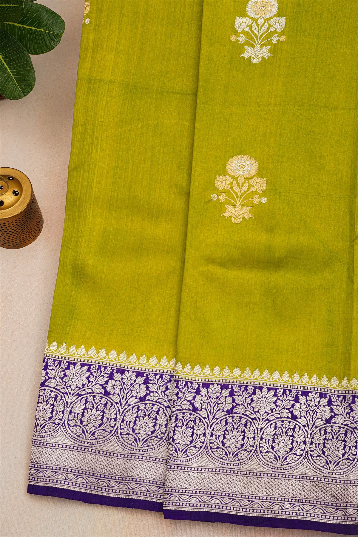 Fancy Matka Silk Mehendi Green Saree With Florals And Buttis Body And Contrast Florals And Leaves Border