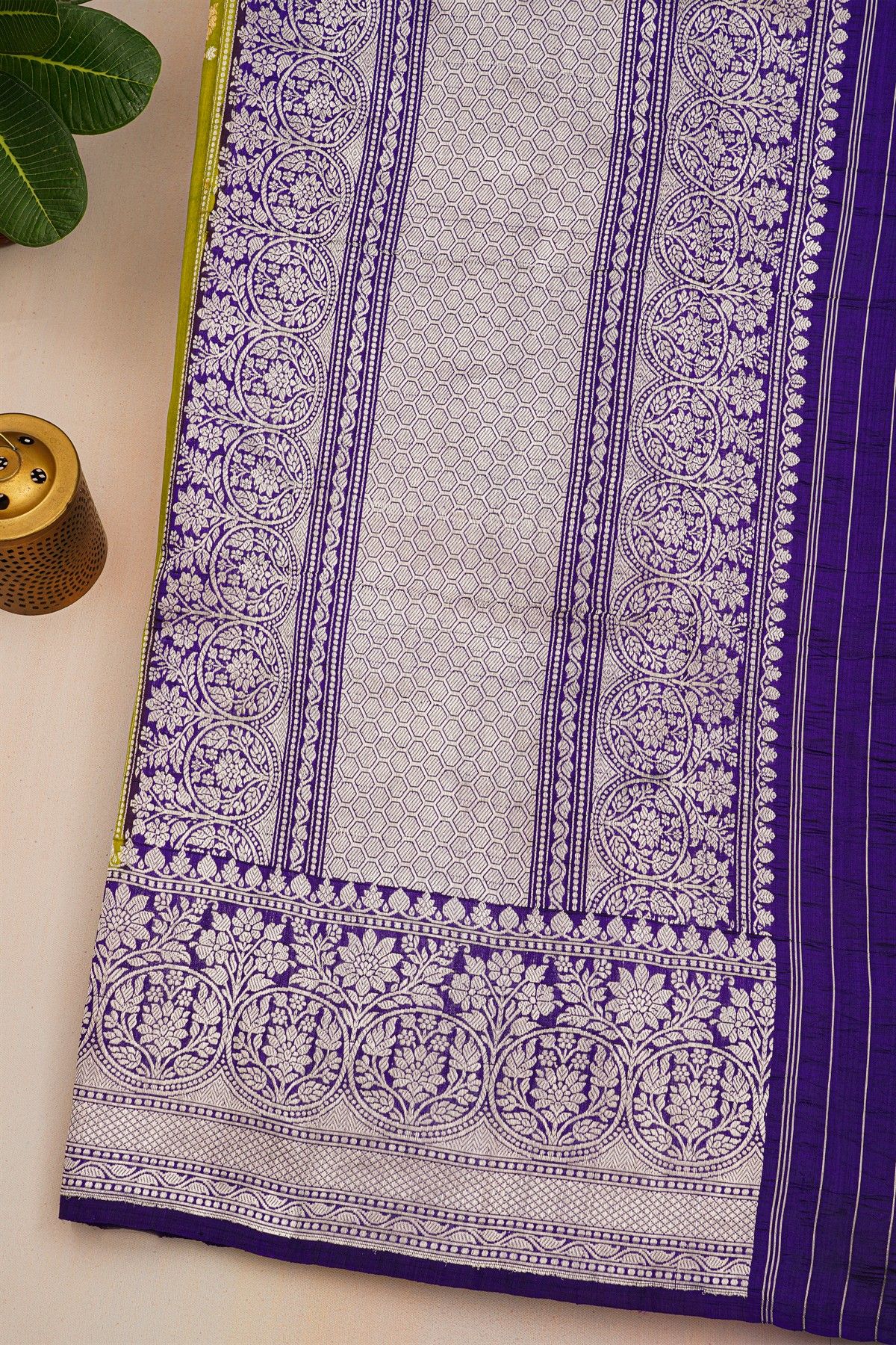 Fancy Matka Silk Mehendi Green Saree With Florals And Buttis Body And Contrast Florals And Leaves Border