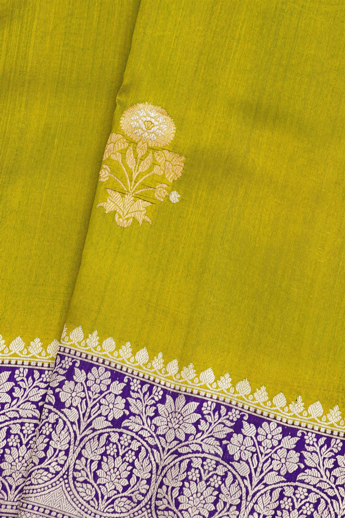 Fancy Matka Silk Mehendi Green Saree With Florals And Buttis Body And Contrast Florals And Leaves Border