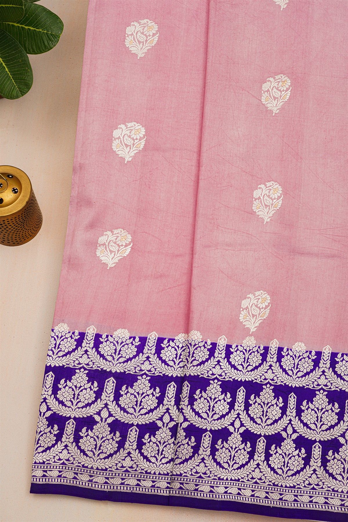 Fancy Matka Silk Baby Pink Saree With Florals And Buttis Body And Contrast Florals And Leaves Border
