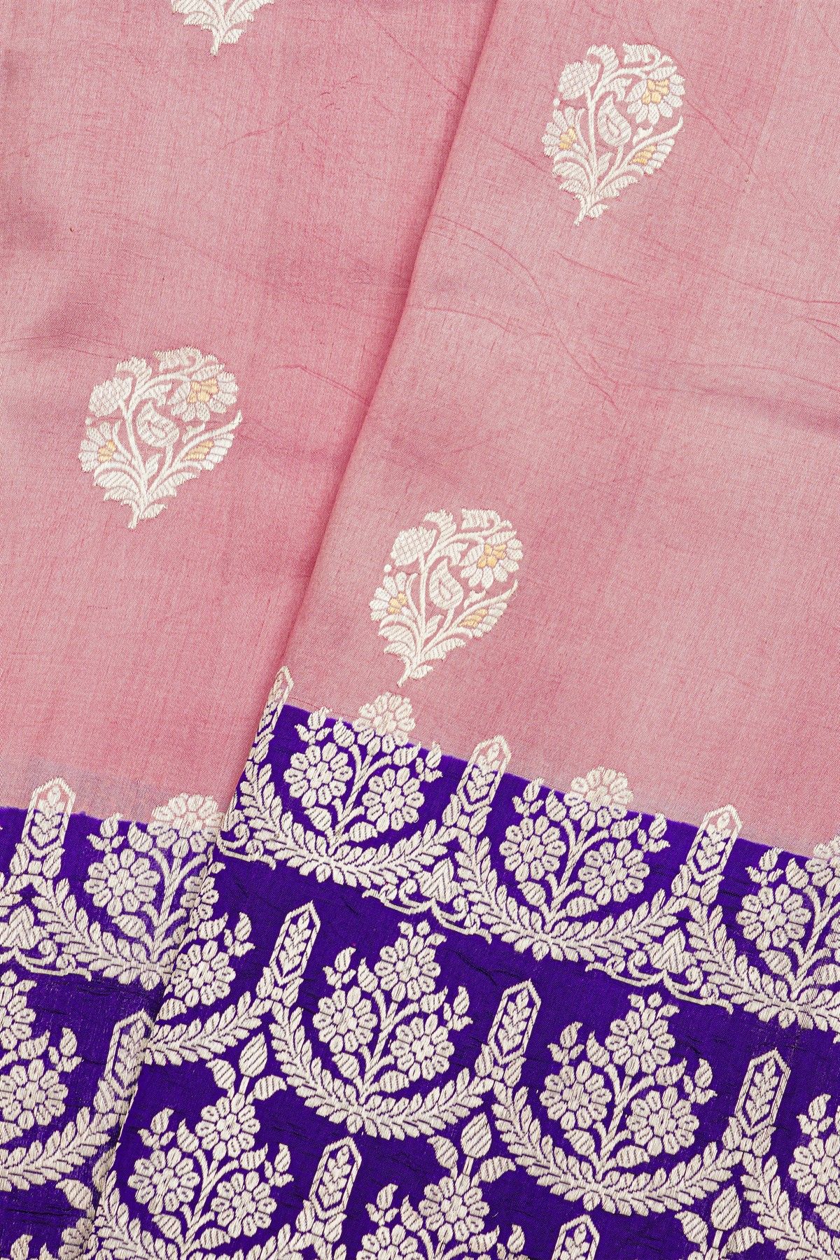 Fancy Matka Silk Baby Pink Saree With Florals And Buttis Body And Contrast Florals And Leaves Border