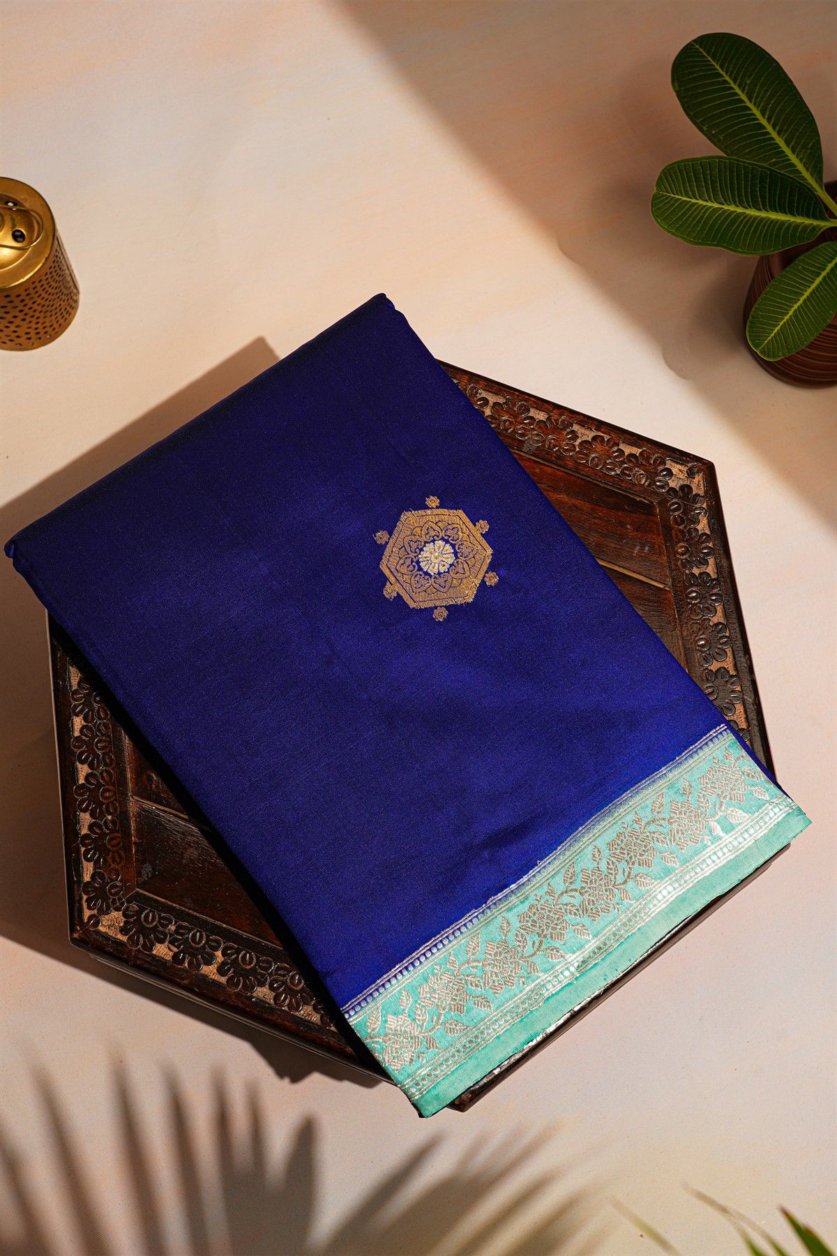 Fancy Matka Silk Royal Blue Saree With Buttis Body And Contrast Florals And Leaves Border