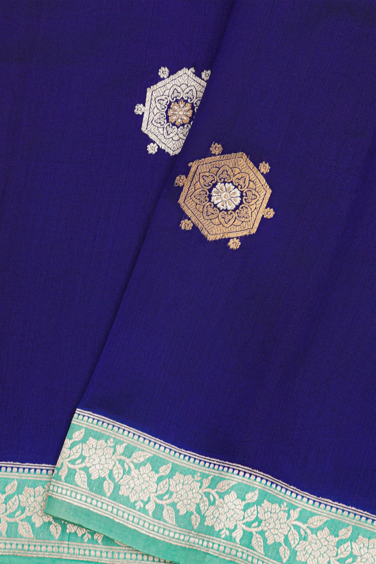 Fancy Matka Silk Royal Blue Saree With Buttis Body And Contrast Florals And Leaves Border