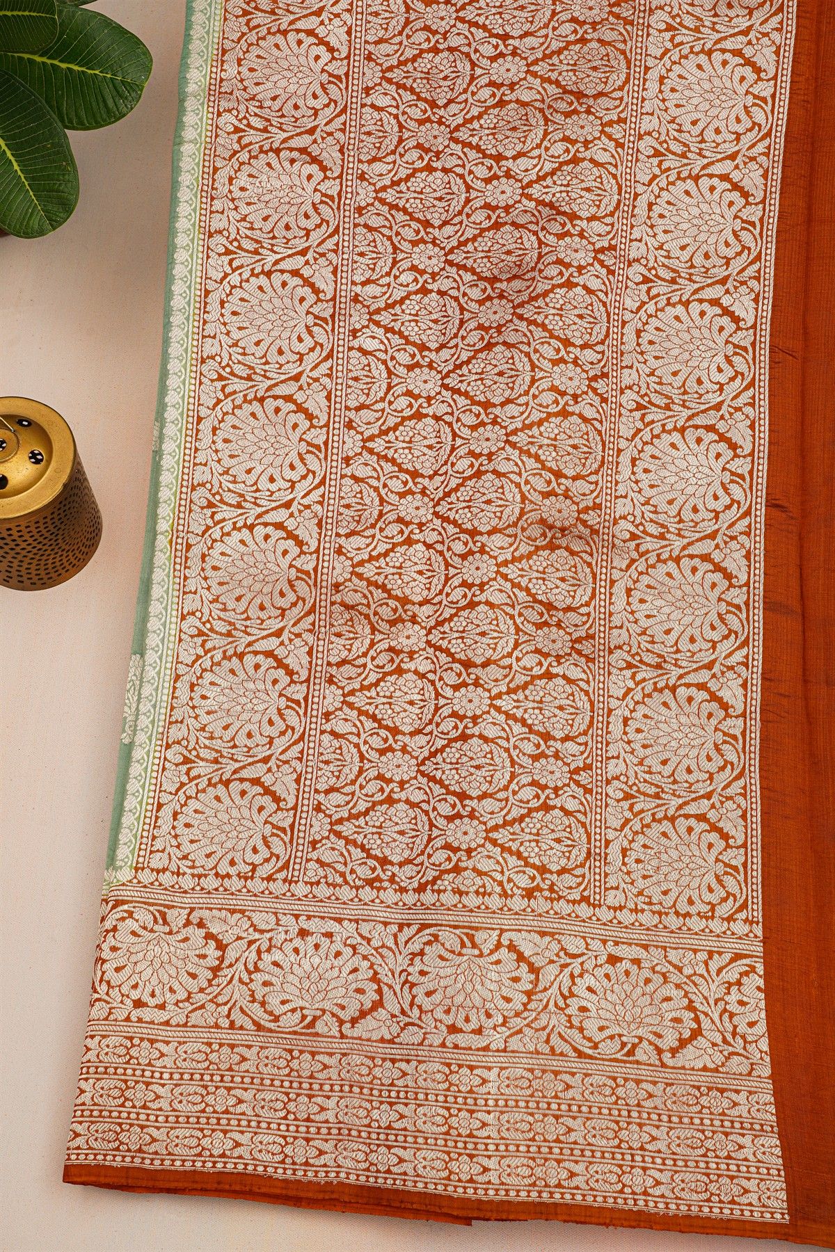 Fancy Matka Silk Sage Green Saree With Florals And Buttis Body And Contrast Florals And Leaves Jaal Border
