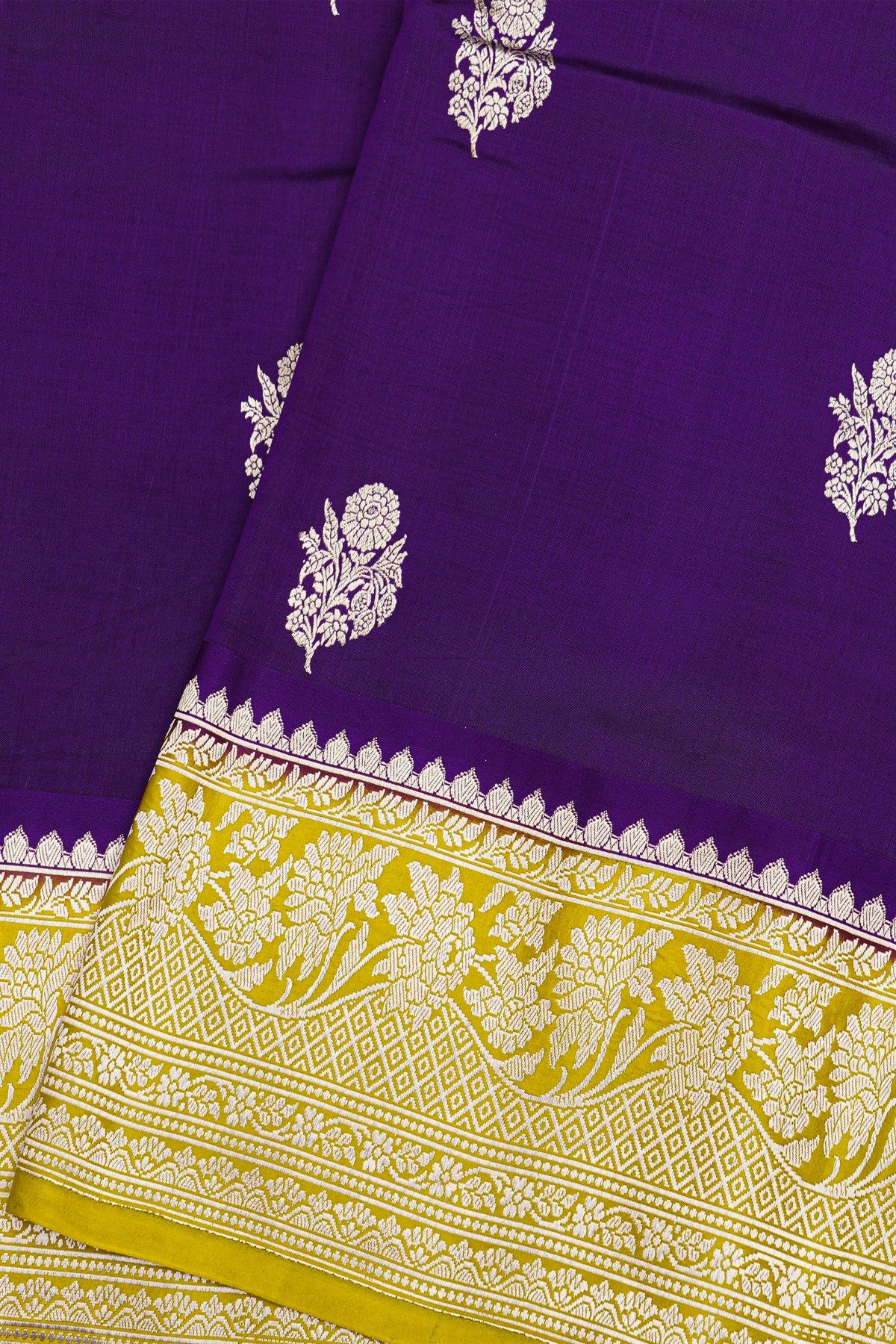 Fancy Matka Silk Dark Violet Saree With Florals And Buttis Body And Contrast Florals And Leaves Border