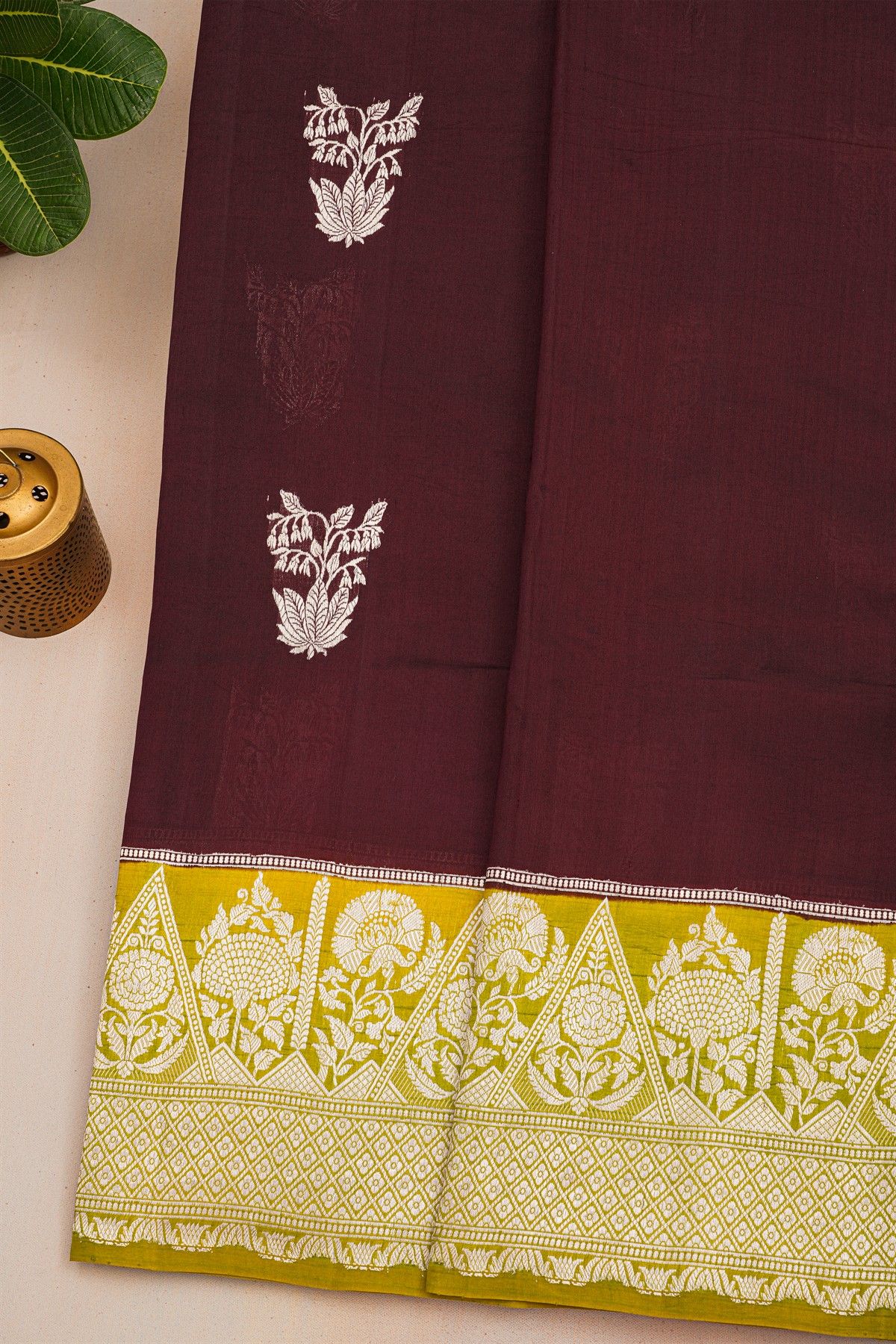 Fancy Matka Silk Dark Wine Saree With Florals And Buttis Body And Contrast Florals And Leaves Border