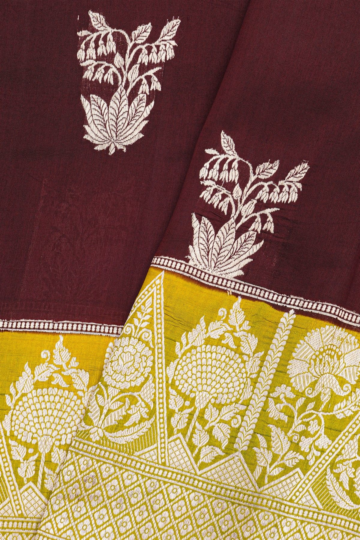 Fancy Matka Silk Dark Wine Saree With Florals And Buttis Body And Contrast Florals And Leaves Border