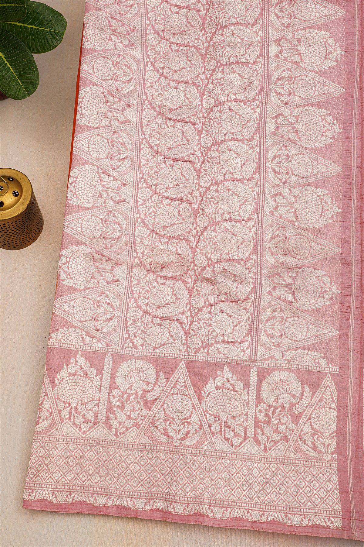 Fancy Matka Silk Orange Saree With Florals And Buttis Body And Contrast Florals And Leaves Border