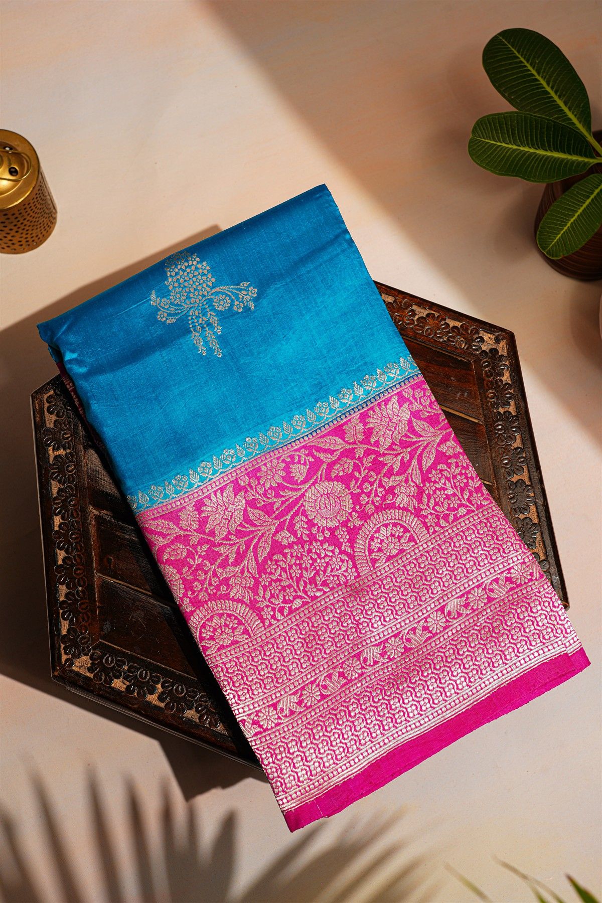 Fancy Matka Silk Royal Blue Saree With Florals And Leaves Body And Contrast Florals And Leaves Jaal Border