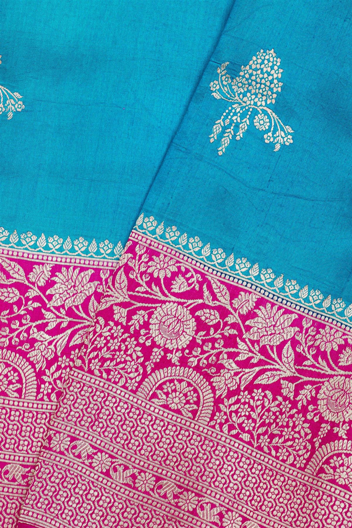Fancy Matka Silk Royal Blue Saree With Florals And Leaves Body And Contrast Florals And Leaves Jaal Border