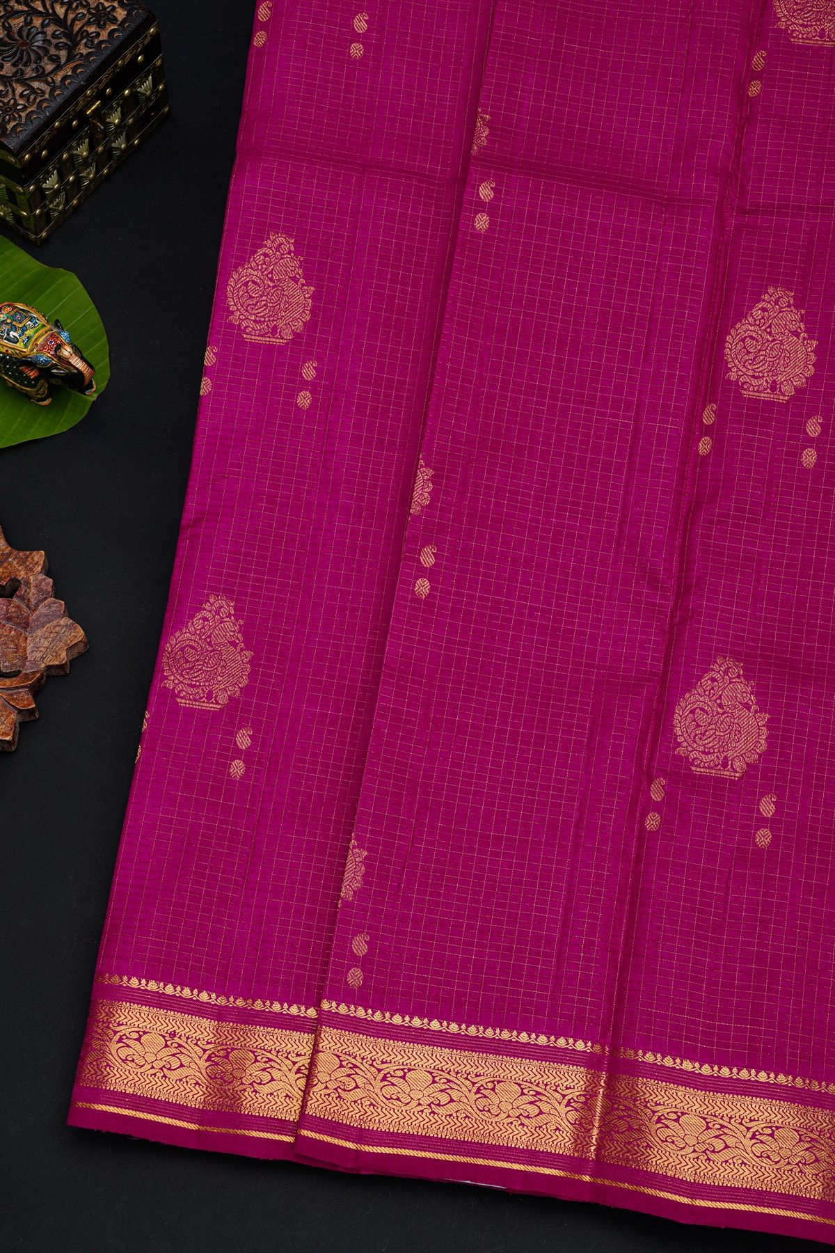 Kancheepuram Silk Magenta Saree With Florals And Peacocks In Zari Checks