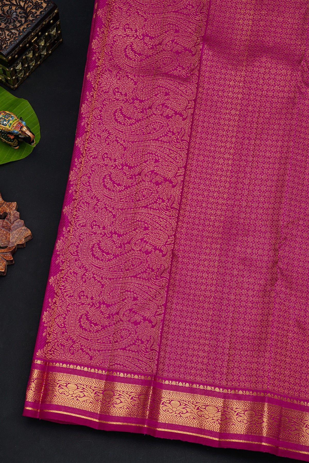 Kancheepuram Silk Magenta Saree With Florals And Peacocks In Zari Checks