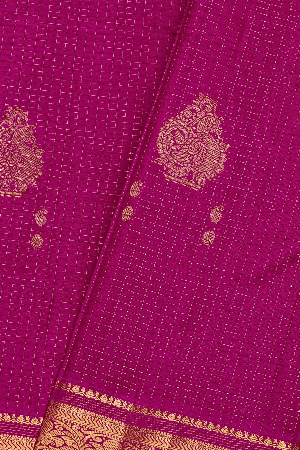 Kancheepuram Silk Magenta Saree With Florals And Peacocks In Zari Checks
