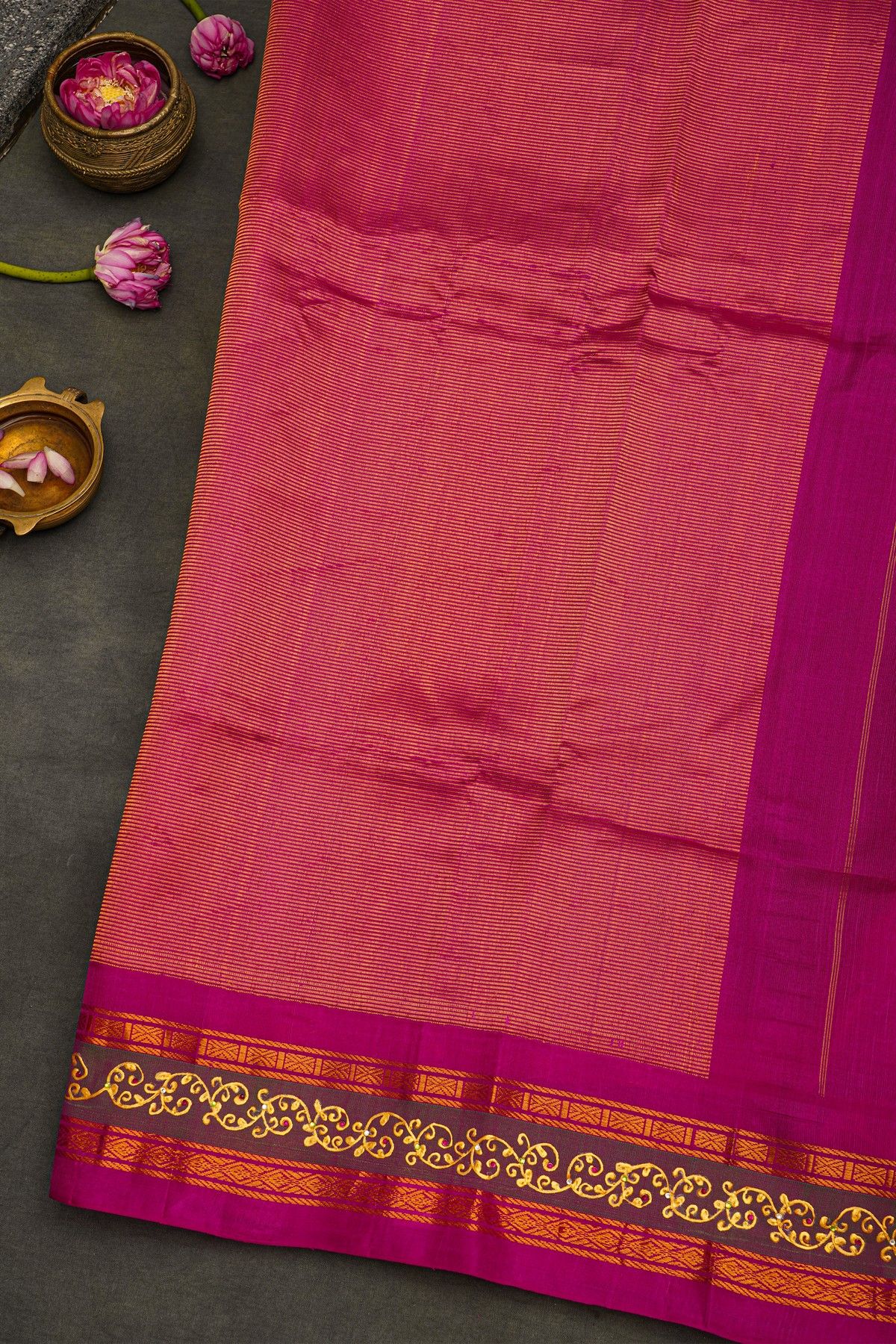 Gadwal Silk Black Saree With Florals and Leaves Jaal With Hand Made Border