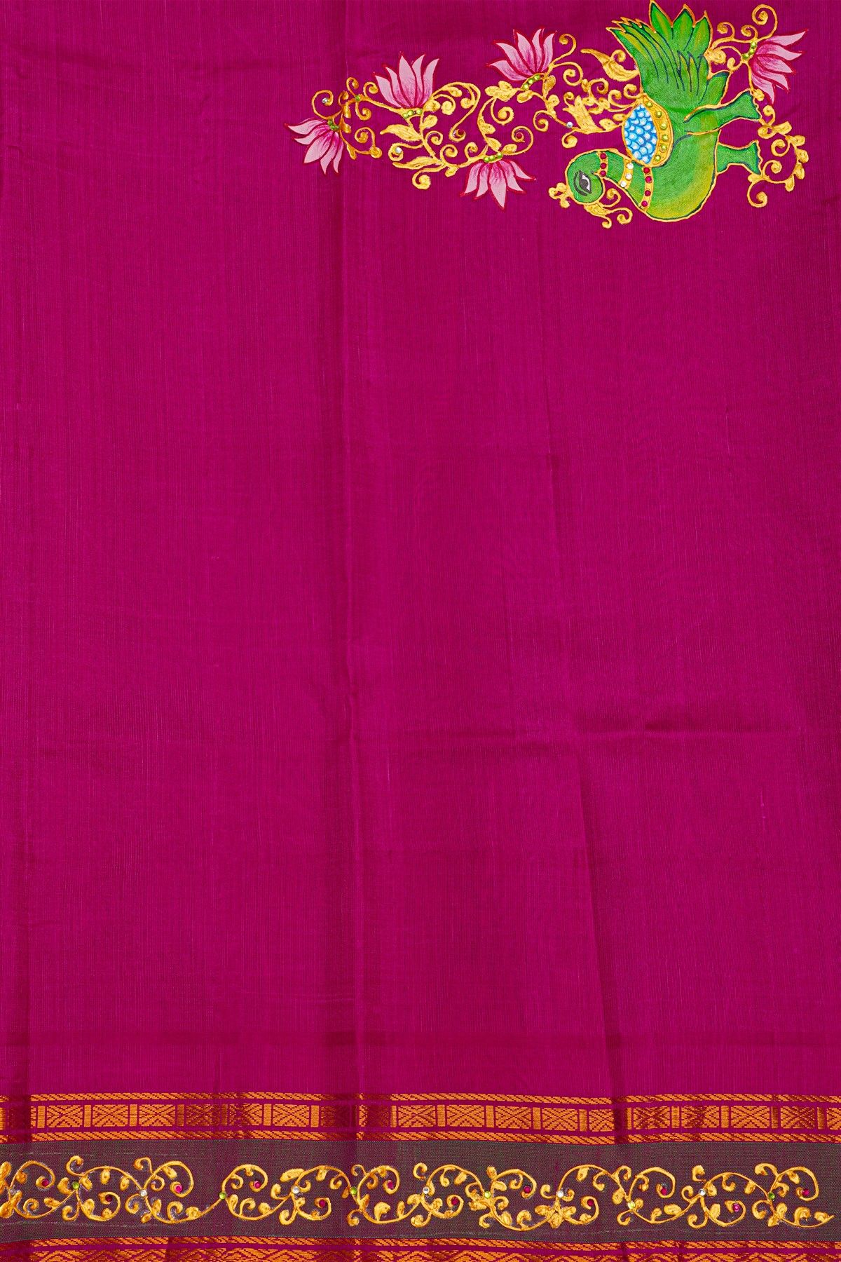 Gadwal Silk Black Saree With Florals and Leaves Jaal With Hand Made Border