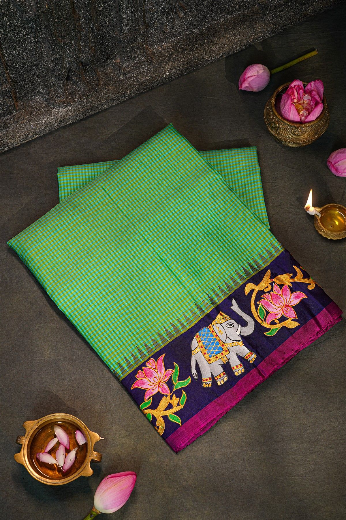 Gadwal Silk Sea Green Saree With Tanjore Hand-Painting Border