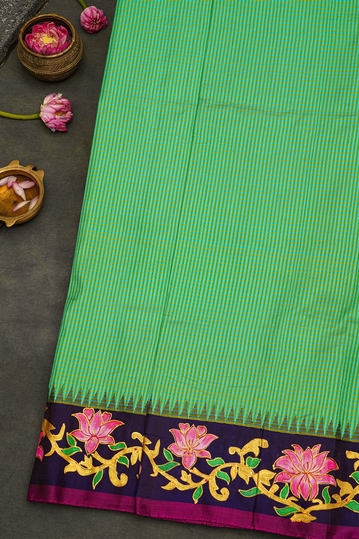 Gadwal Silk Sea Green Saree With Tanjore Hand-Painting Border