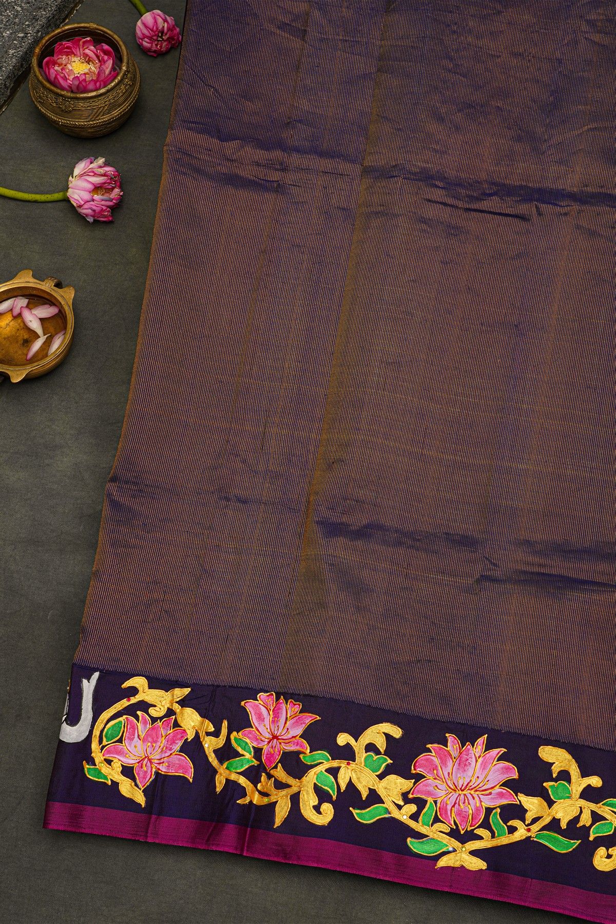 Gadwal Silk Sea Green Saree With Tanjore Hand-Painting Border