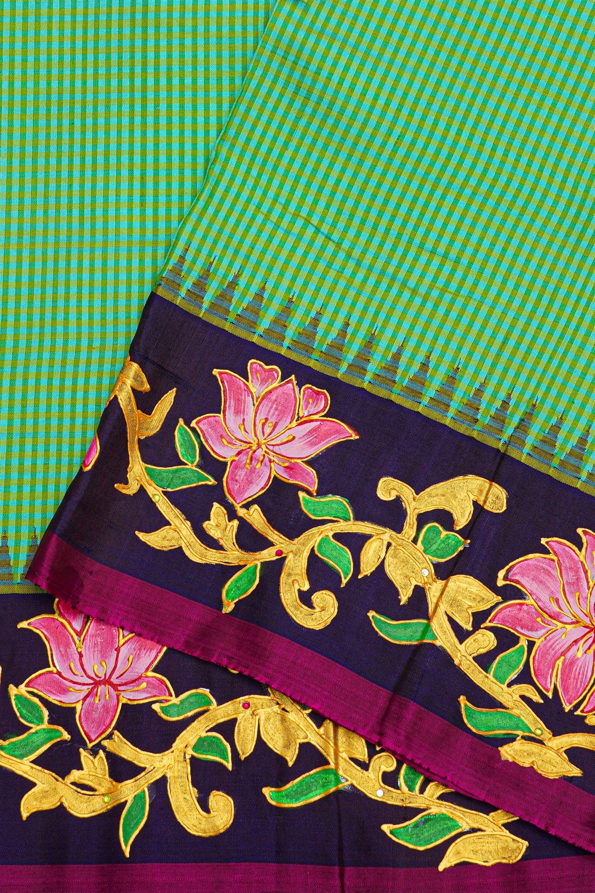 Gadwal Silk Sea Green Saree With Tanjore Hand-Painting Border