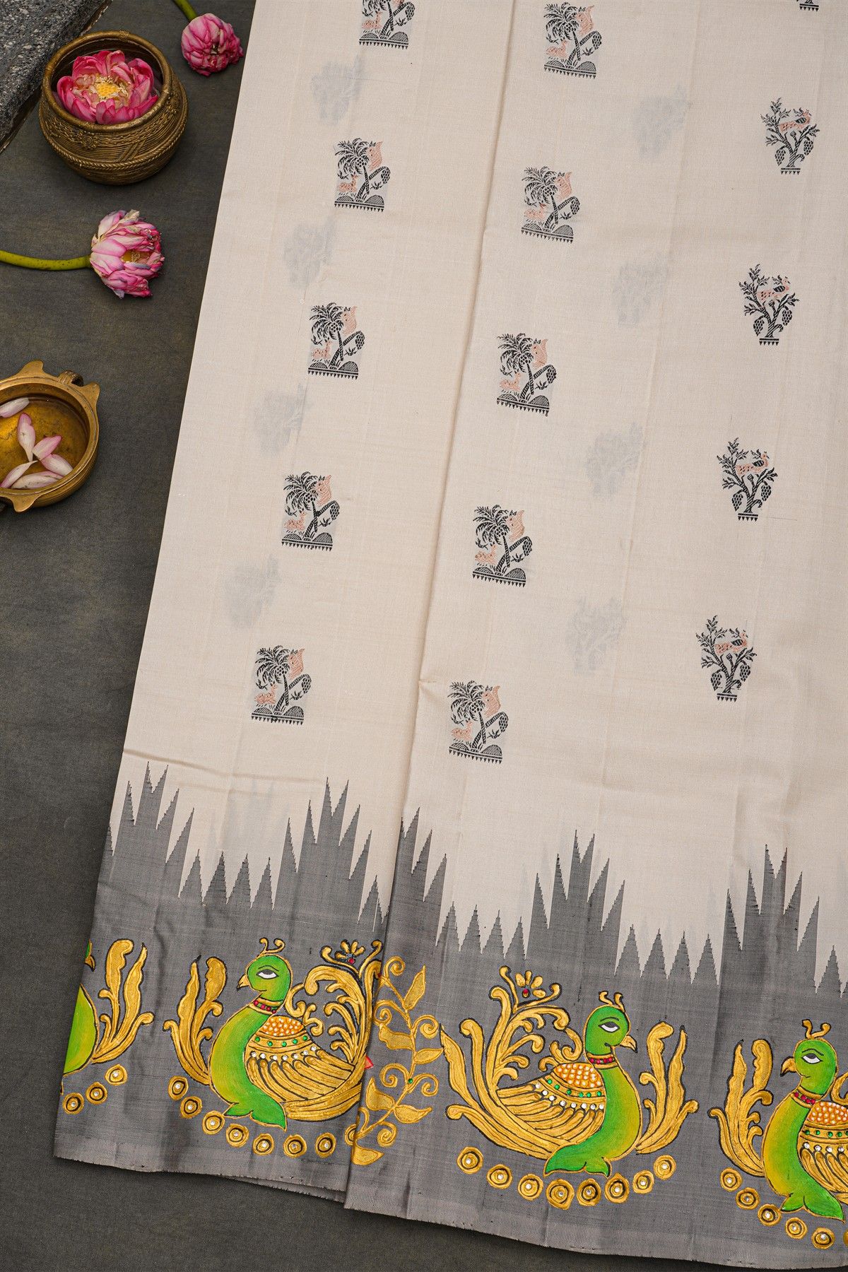 Gadwal Silk Off White Saree With Tanjore Hand-Painted Border And Floral Brocade Pallu
