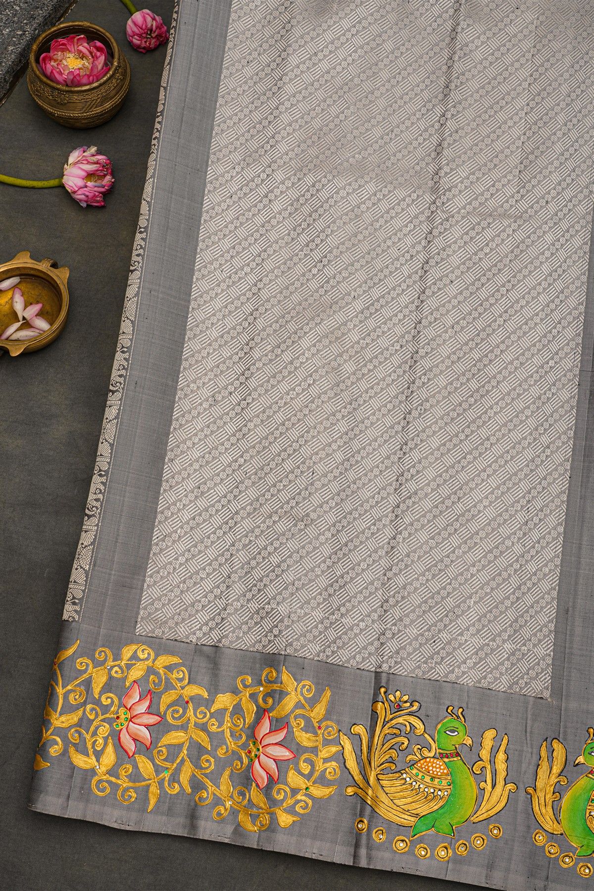 Gadwal Silk Off White Saree With Tanjore Hand-Painted Border And Floral Brocade Pallu