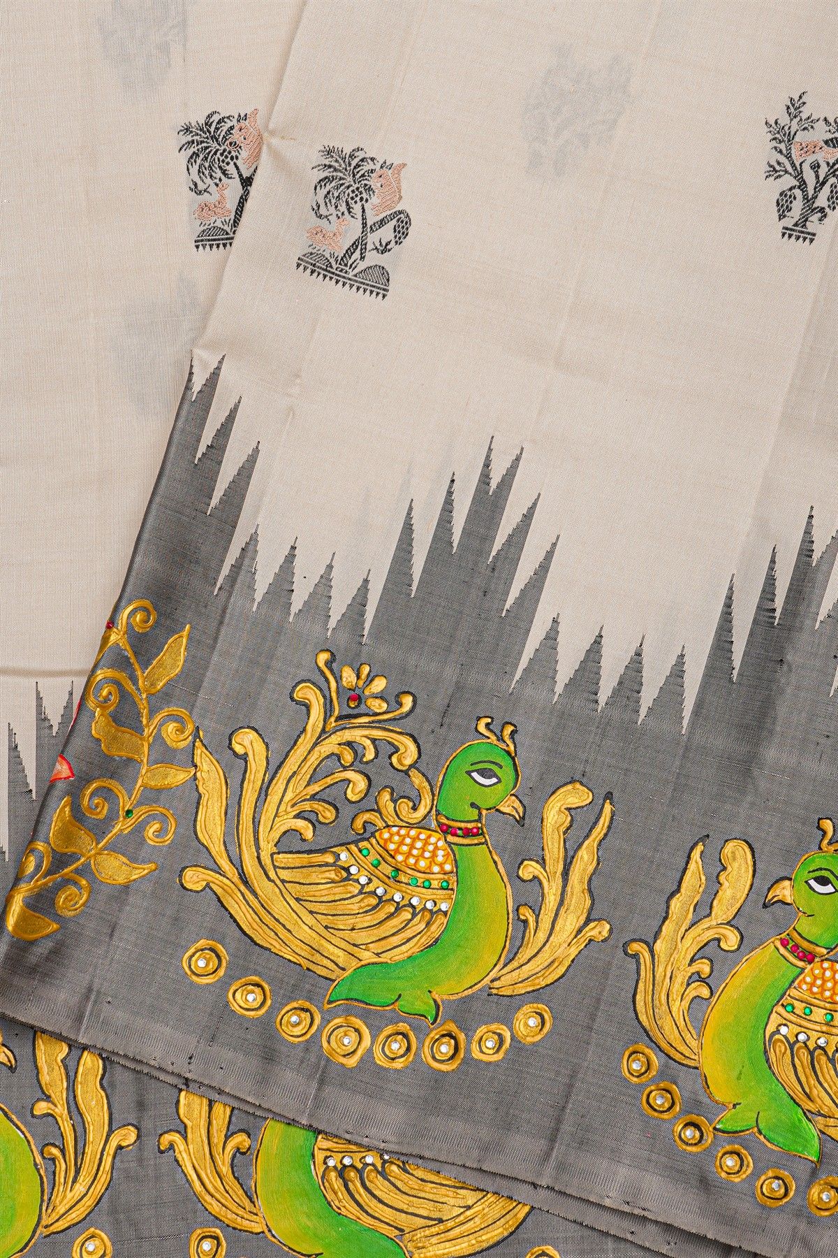 Gadwal Silk Off White Saree With Tanjore Hand-Painted Border And Floral Brocade Pallu
