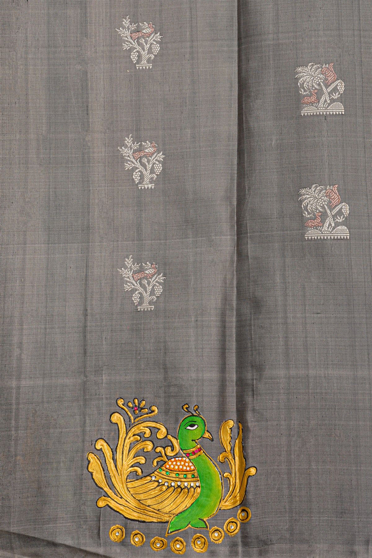 Gadwal Silk Off White Saree With Tanjore Hand-Painted Border And Floral Brocade Pallu