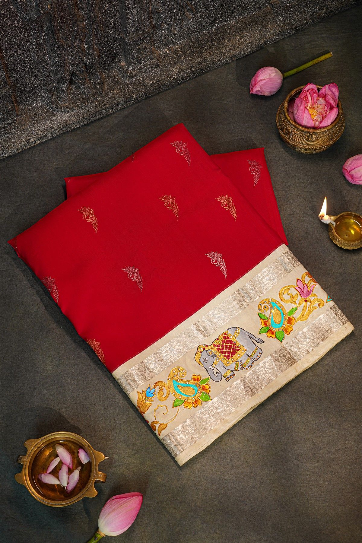 Gadwal Silk Red Saree With Tanjore Hand Painted Border and Floral Brocade Pallu