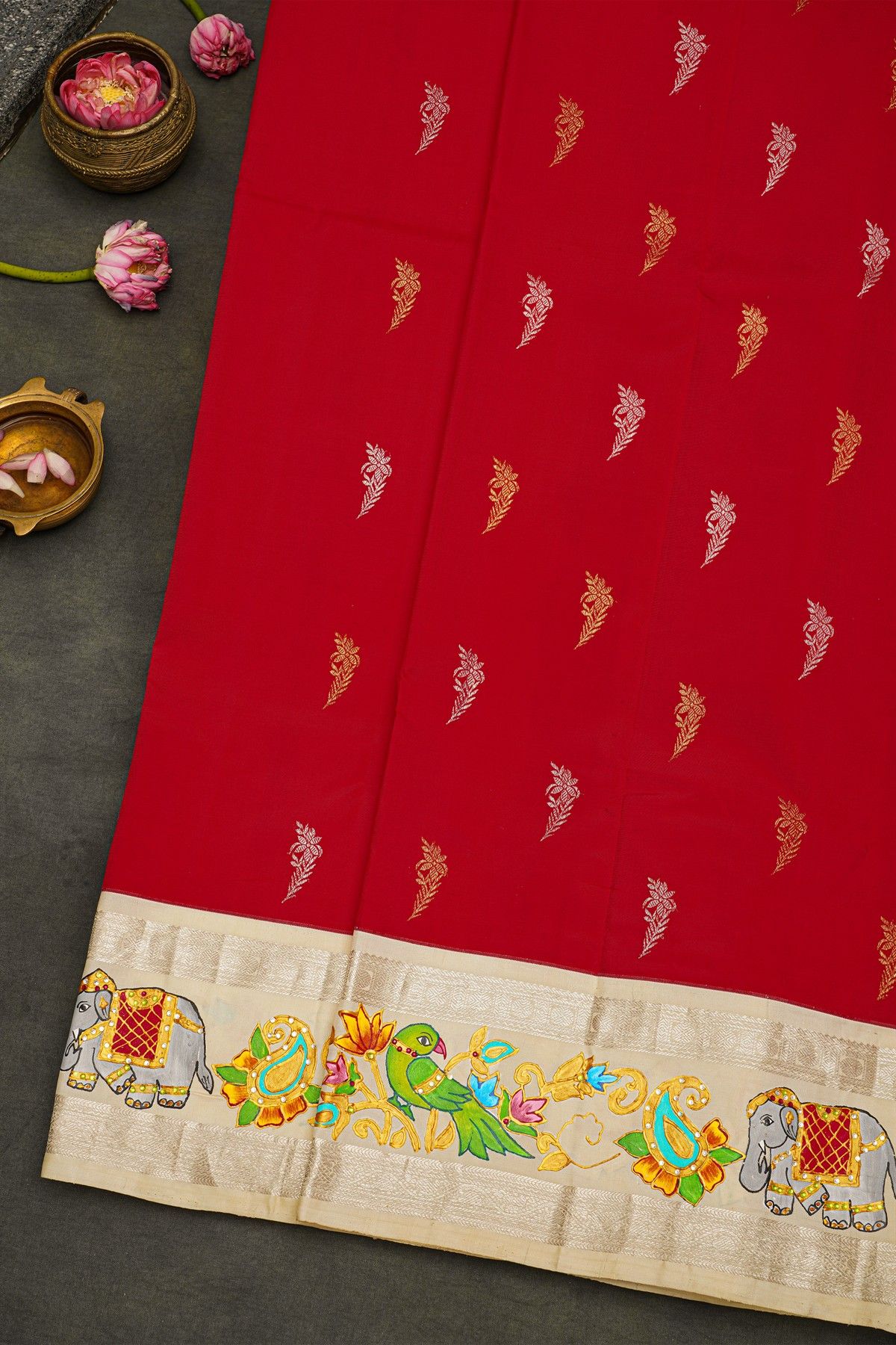 Gadwal Silk Red Saree With Tanjore Hand Painted Border and Floral Brocade Pallu