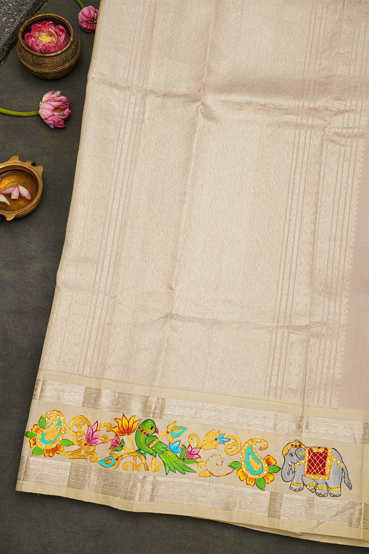 Gadwal Silk Red Saree With Tanjore Hand Painted Border and Floral Brocade Pallu