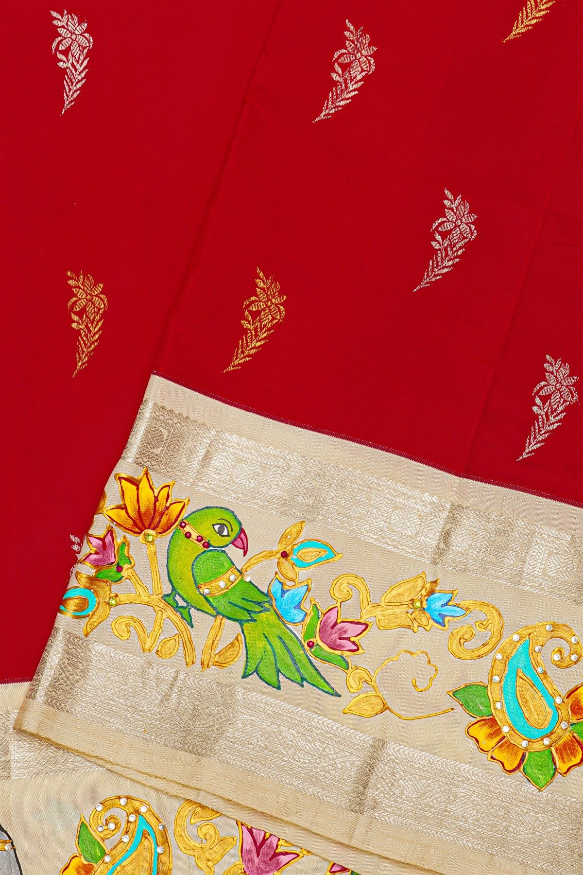 Gadwal Silk Red Saree With Tanjore Hand Painted Border and Floral Brocade Pallu