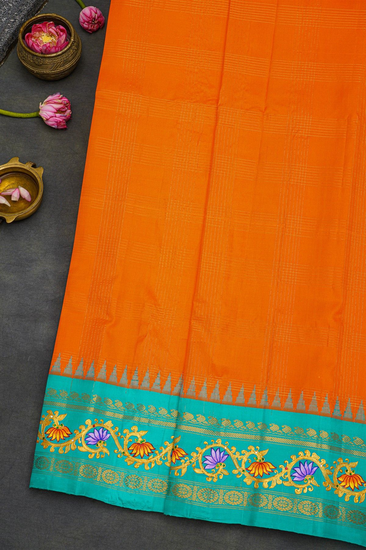 Gadwal Silk Orange Saree With Tanjore Hand Painting Border