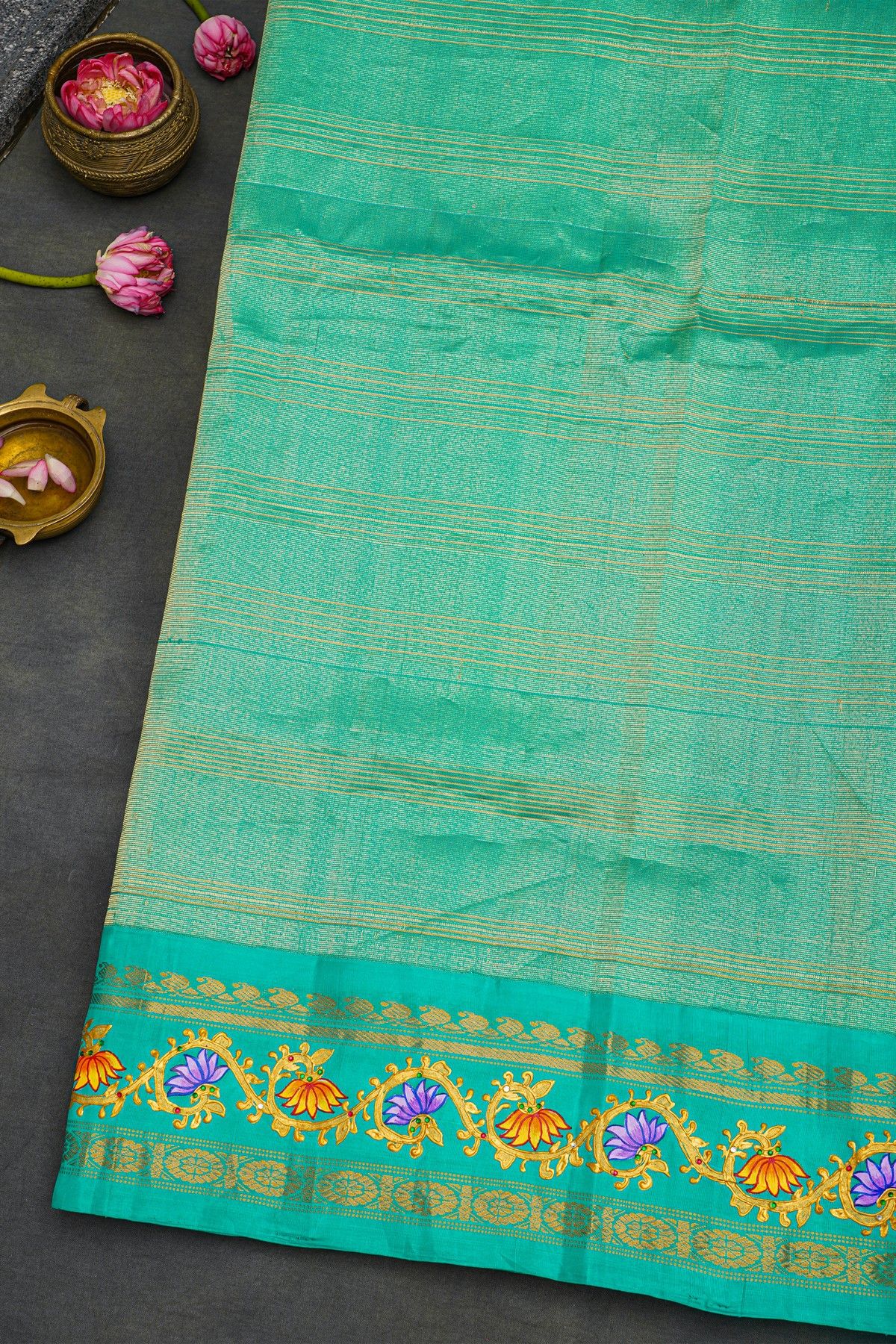 Gadwal Silk Orange Saree With Tanjore Hand Painting Border