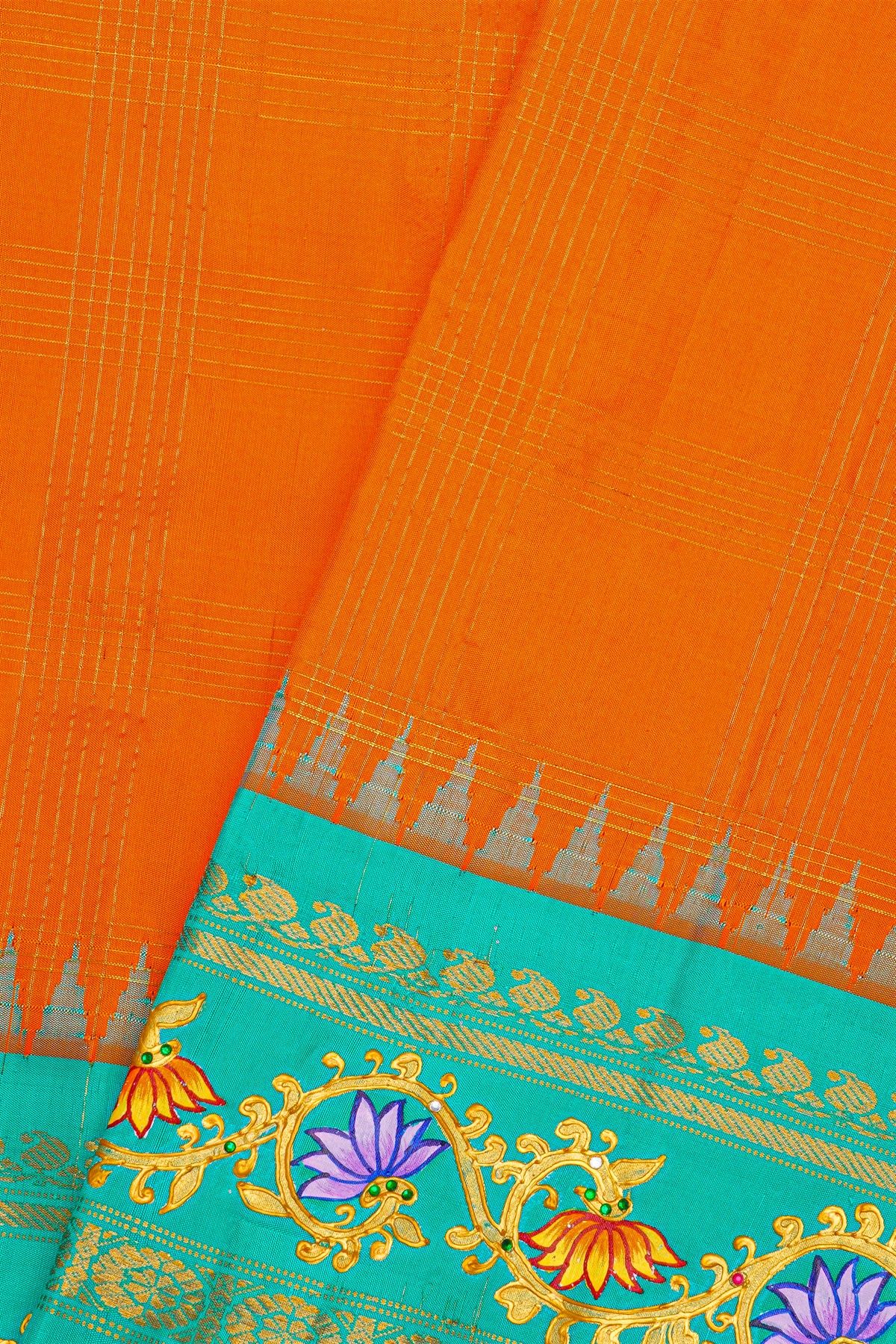 Gadwal Silk Orange Saree With Tanjore Hand Painting Border