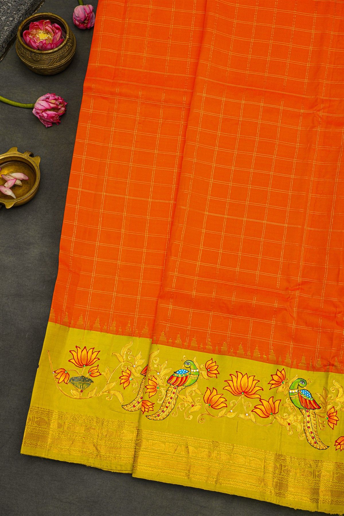 Gadwal Silk Orange Saree With Tanjore Hand-Painted Border