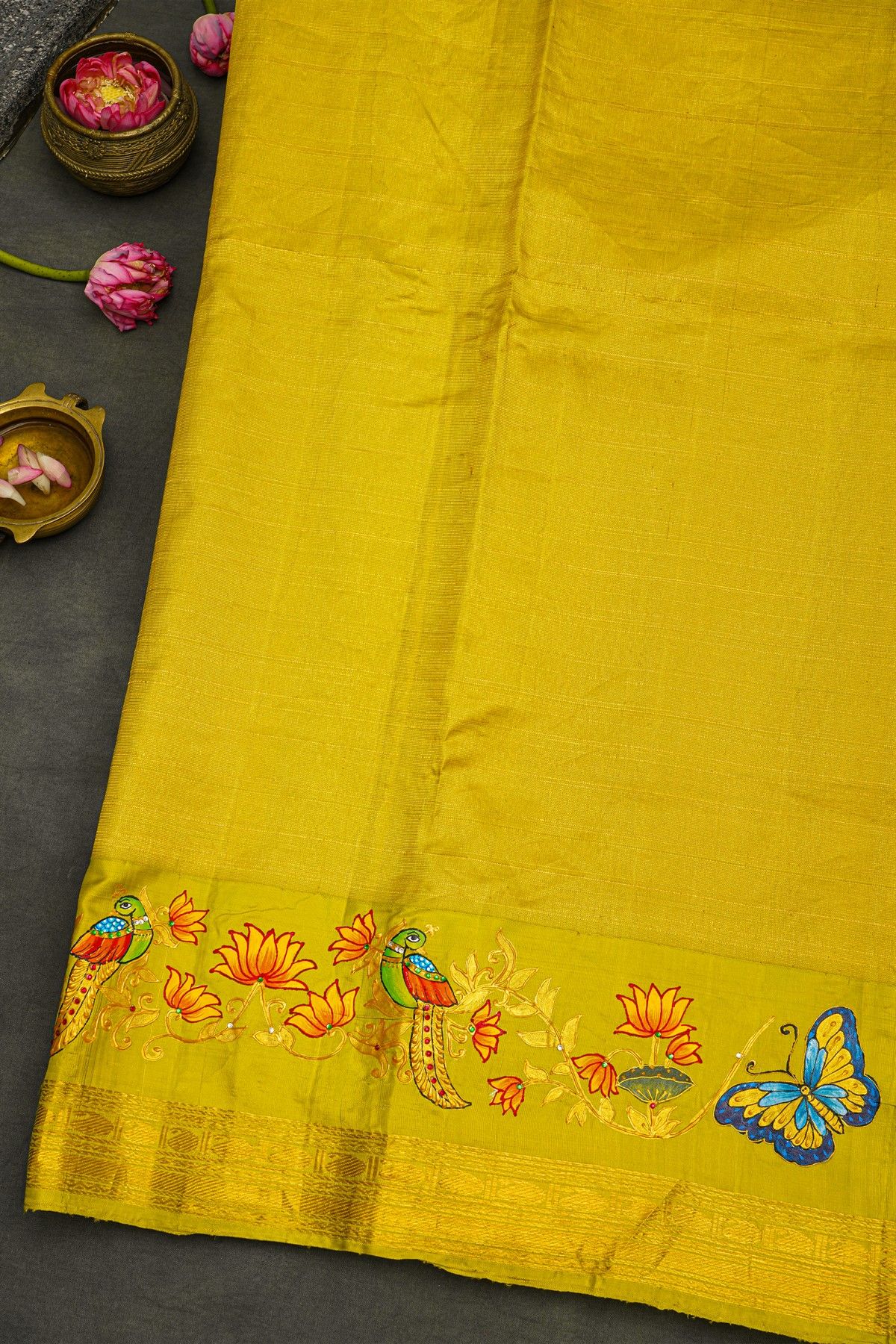 Gadwal Silk Orange Saree With Tanjore Hand-Painted Border