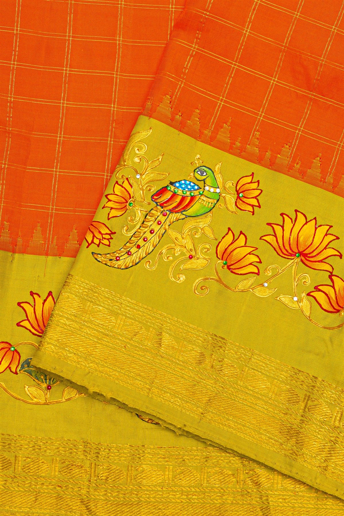 Gadwal Silk Orange Saree With Tanjore Hand-Painted Border