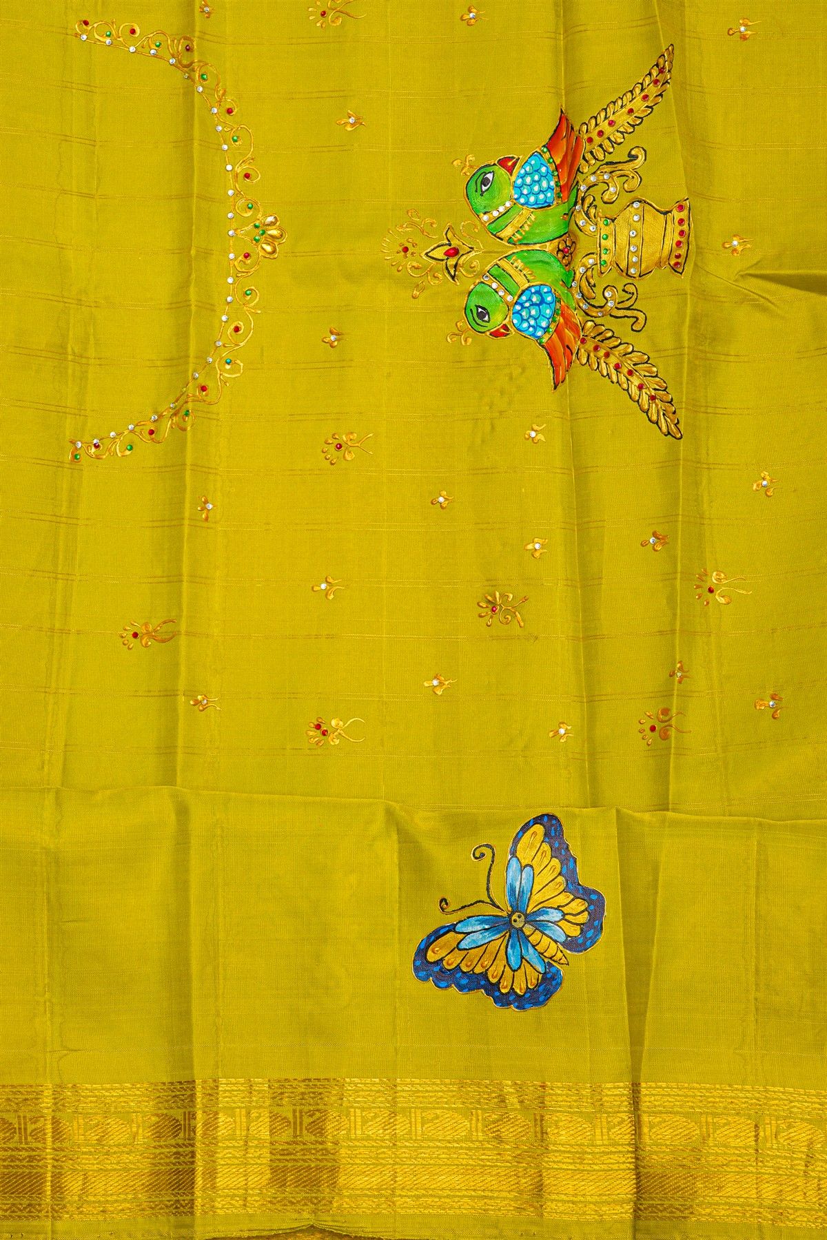 Gadwal Silk Orange Saree With Tanjore Hand-Painted Border