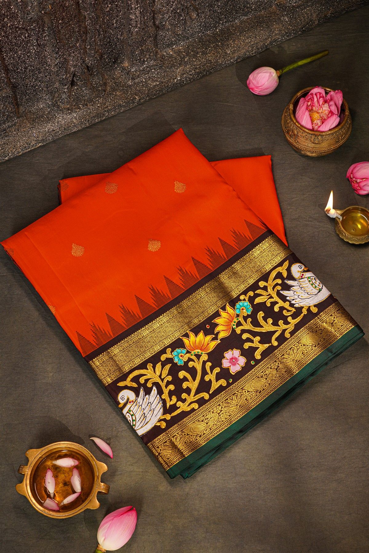 Gadwal Silk Red Saree With Tanjore Hand-Painted Border And Floral Brocade Pallu