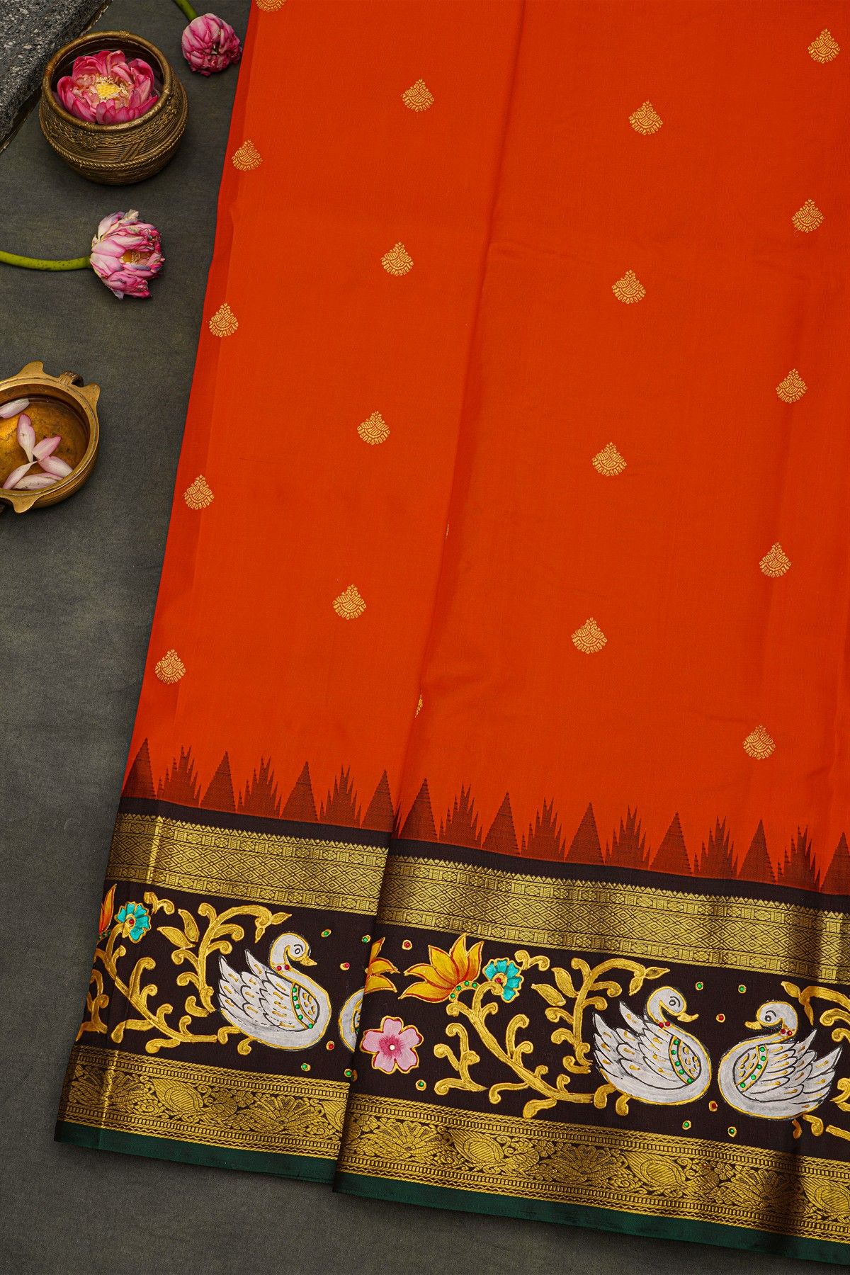 Gadwal Silk Red Saree With Tanjore Hand-Painted Border And Floral Brocade Pallu