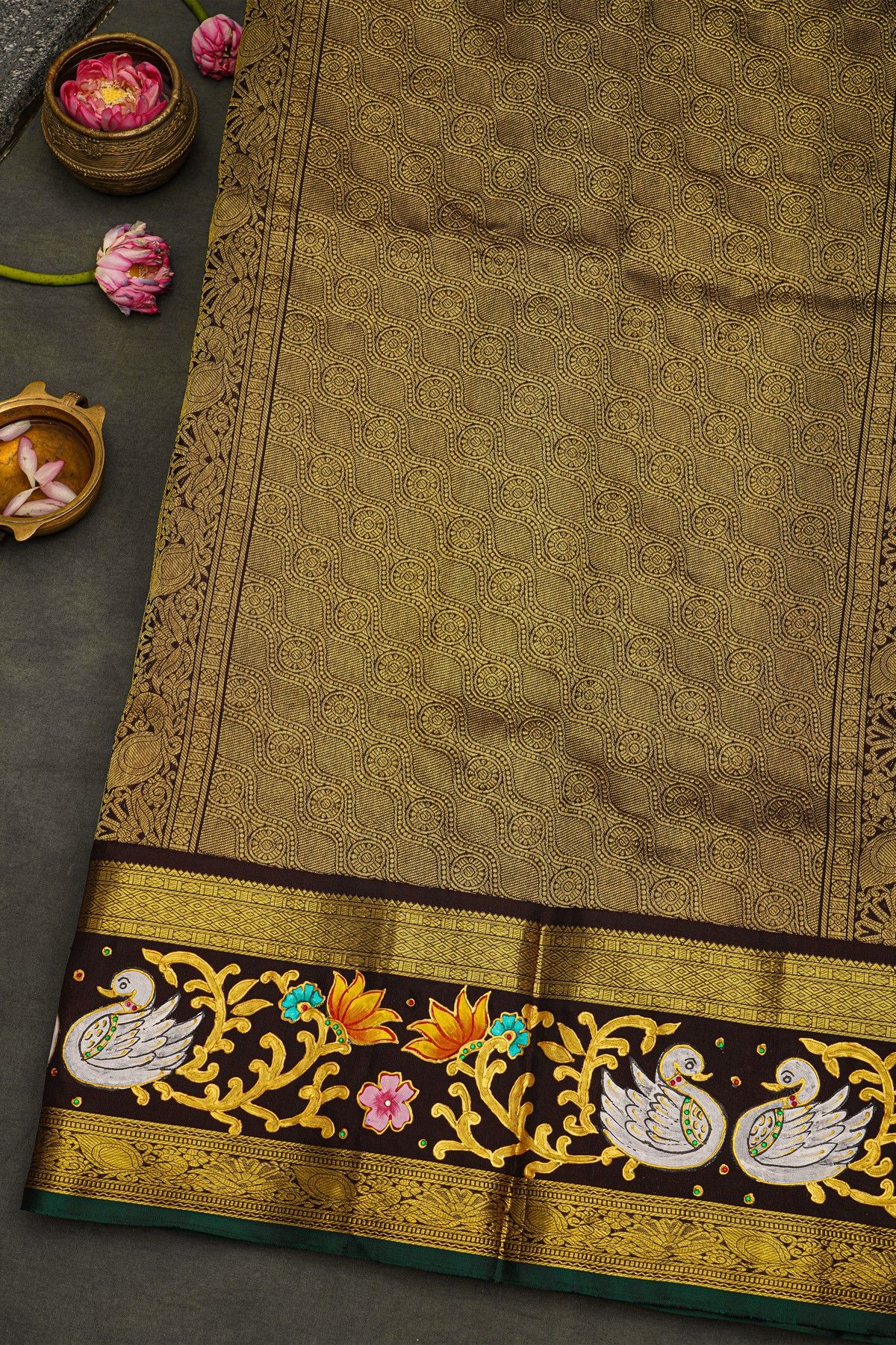 Gadwal Silk Red Saree With Tanjore Hand-Painted Border And Floral Brocade Pallu