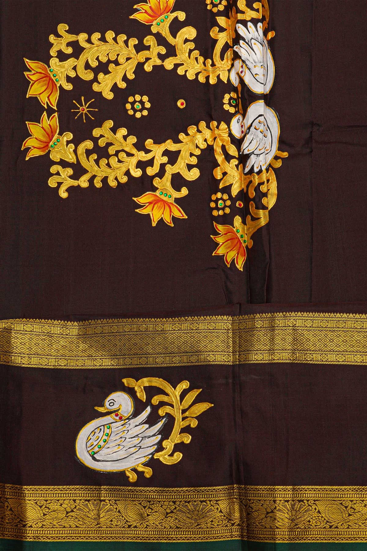Gadwal Silk Red Saree With Tanjore Hand-Painted Border And Floral Brocade Pallu