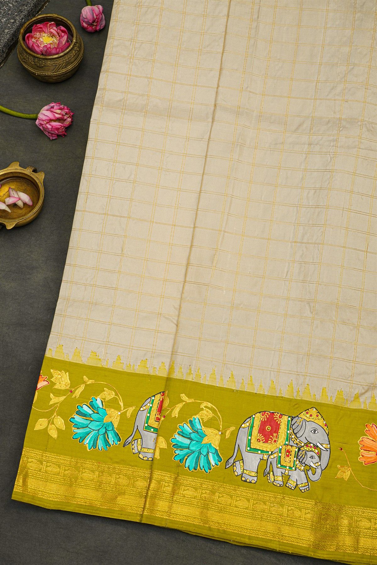 Gadwal Silk Off White Saree With Tanjore Hand-Painted Border