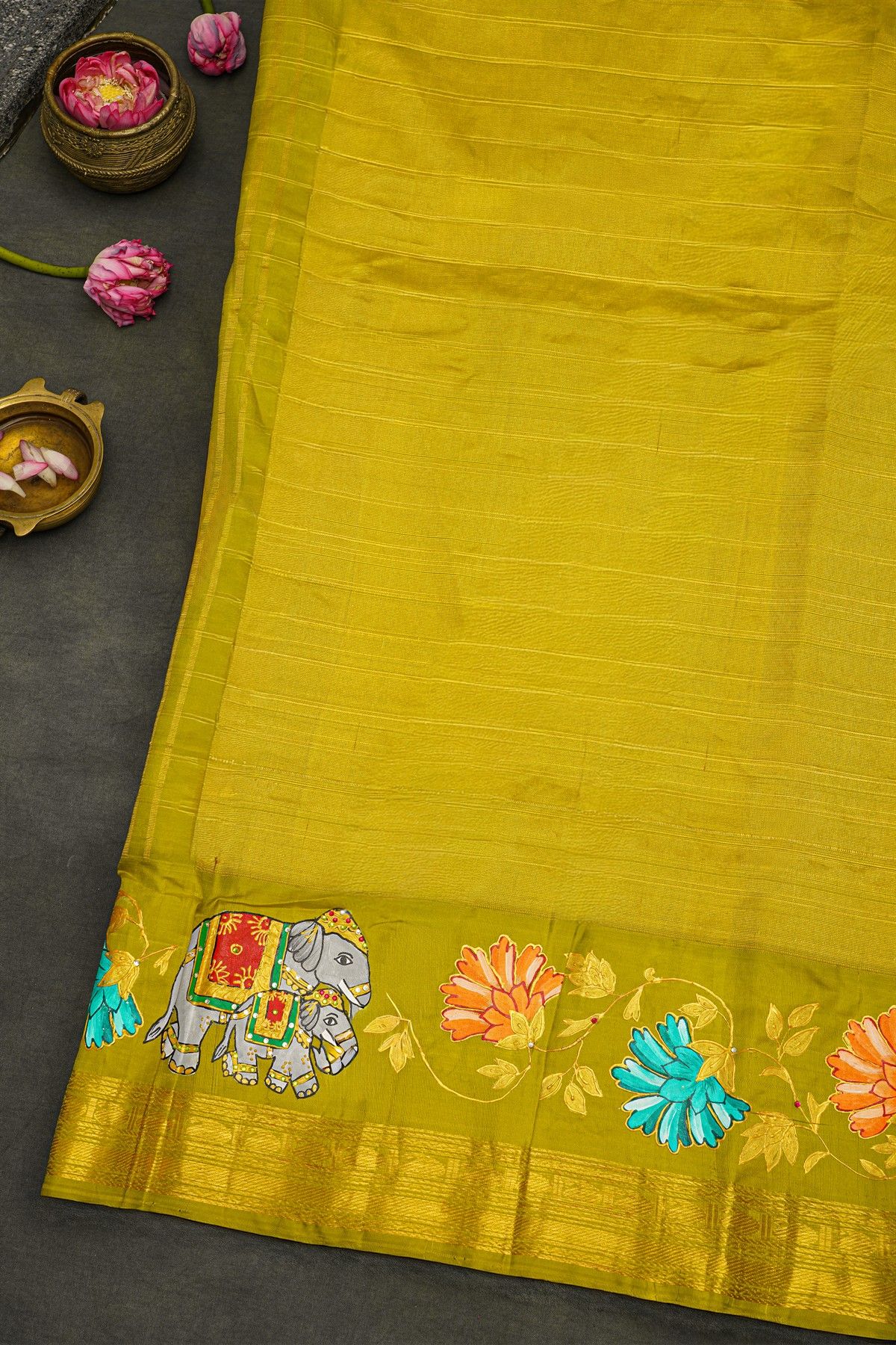 Gadwal Silk Off White Saree With Tanjore Hand-Painted Border