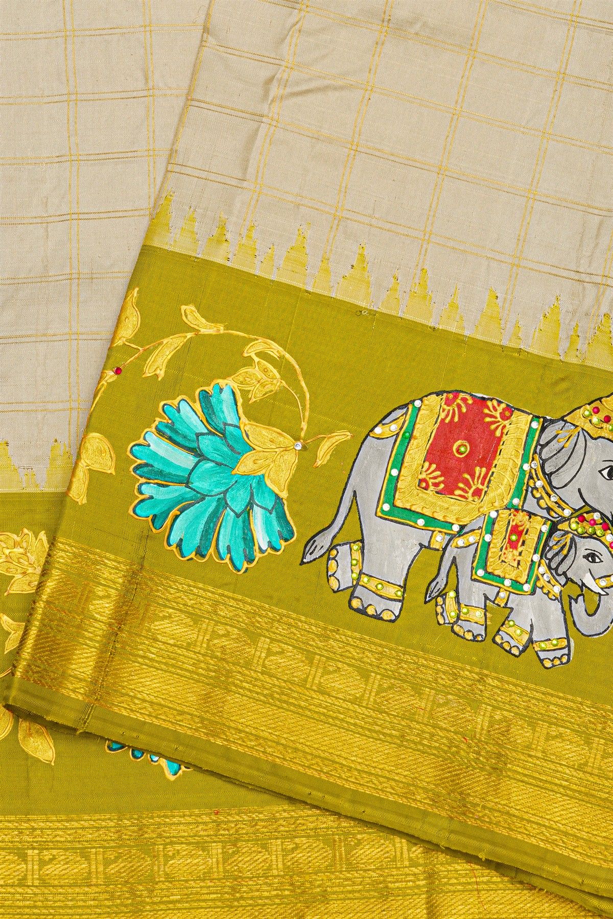 Gadwal Silk Off White Saree With Tanjore Hand-Painted Border