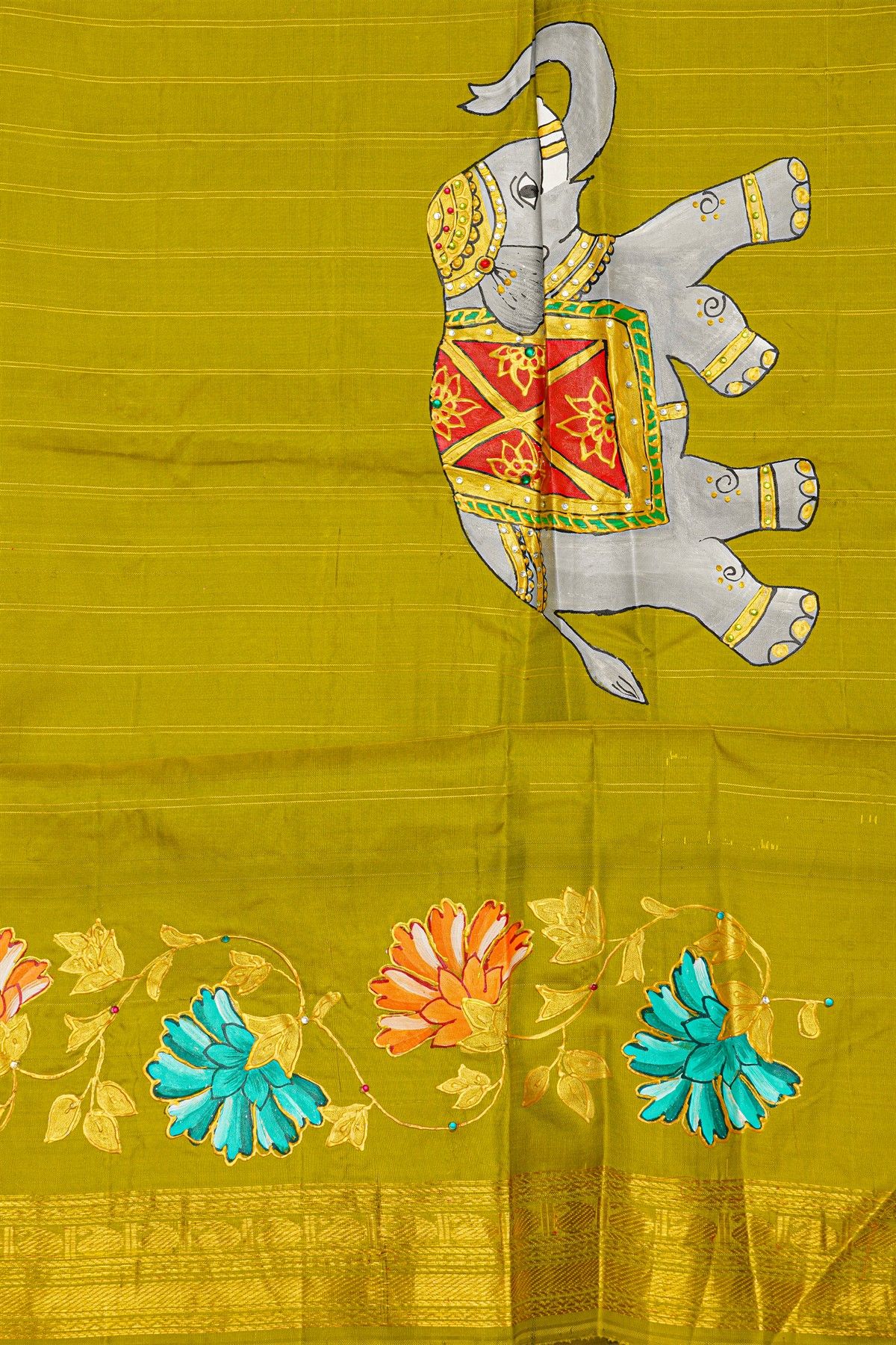 Gadwal Silk Off White Saree With Tanjore Hand-Painted Border