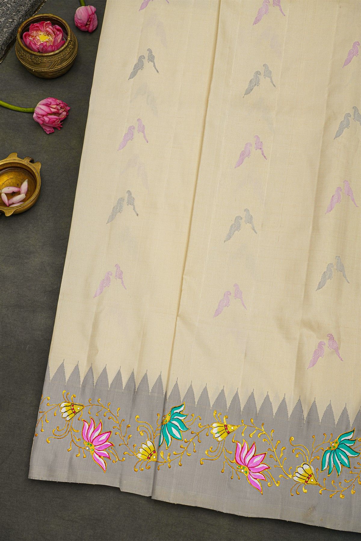 Gadwal Silk Off White Saree With Tanjore Hand-Painted Border